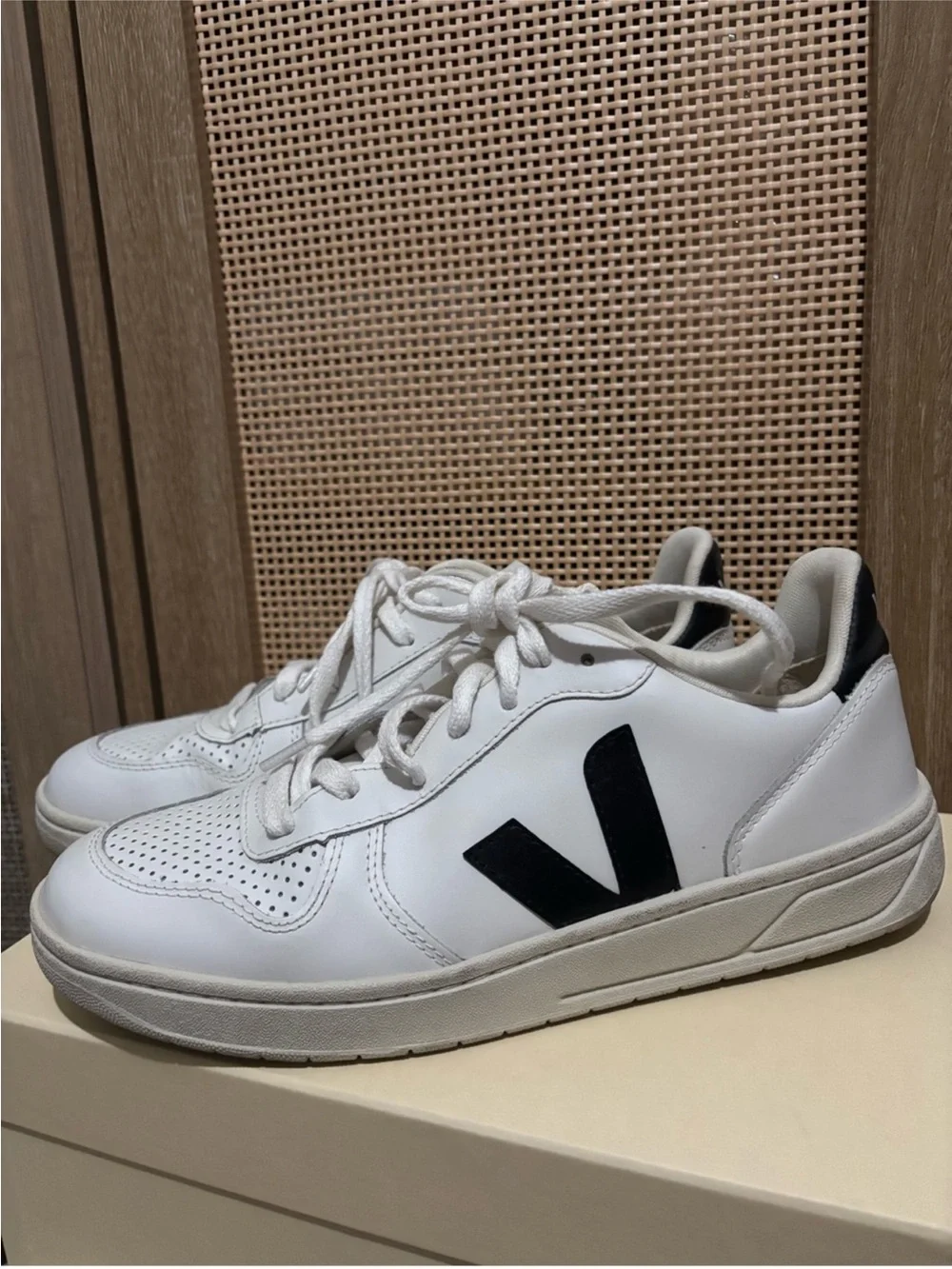 Veja V-10 Leather Sneakers — White with Black V